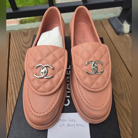 Chanel Pink Quilted Loafers with Silver Logo - Picture 1 of 13